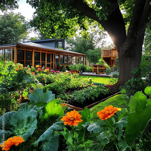 Familyfriendly garden with a small vegetable patch, colorful flowers, and a treehouse for kids