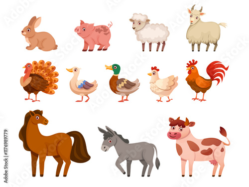 Cartoon farm animals. Cute domestic livestock animal, farmer pets goat rooster cow sheep pig duck rabbit chicken hen farmyard countryside characters set, swanky vector illustration