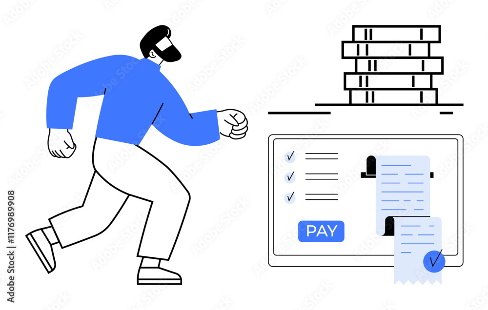 Person approaching computer screen displaying digital invoice with payment button next to stack of coins. Ideal for finance, technology, transactions, online payment, invoicing, financial management Person approaching computer screen displaying digital invoice with payment button next to stack of coins. Ideal for finance, technology, transactions, online payment, invoicing, financial management