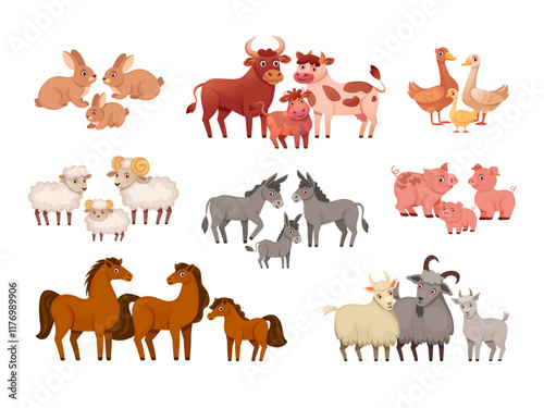 Farm animals family. Cute domestic baby animal and mothers, cow children calf pig little piglet sheep lamb, cartoon livestock pets countryside mascots swanky vector illustration