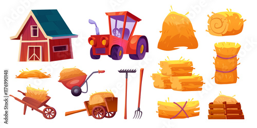 Cartoon hay farming. Farm equipment, agriculture rural village elements barn hayloft bale dry wheat ears stack tractor hayrick cart wheelbarrow rake, swanky set vector illustration