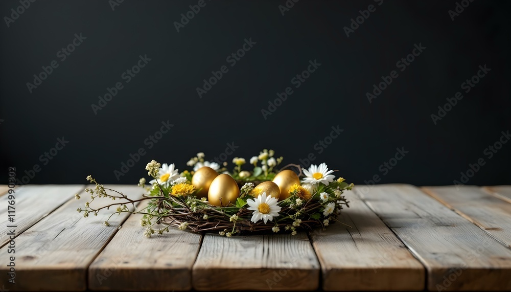 A festive display of Golden eggs on a wooden surface, symbolizing the spirit of Easter Day A festive display of Golden eggs on a wooden surface, symbolizing the spirit of Easter Day
