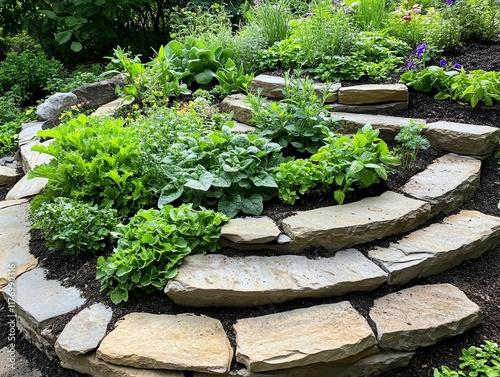 Herb spiral garden in a small backyard, showcasing space efficiency and charm