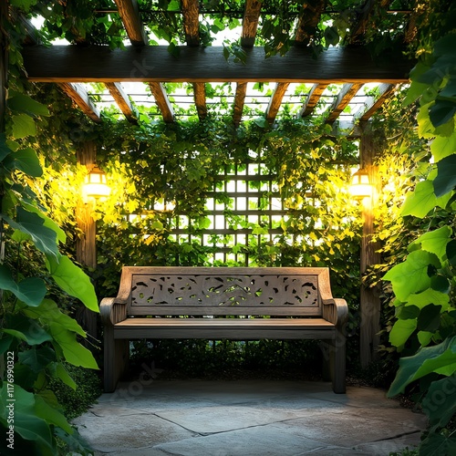 Hidden garden nook with vinecovered trellises, soft lighting, and a wooden bench for relaxation photo