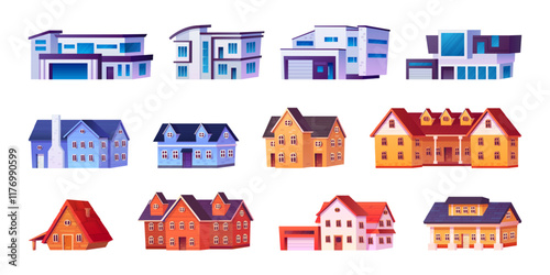 Cartoon suburban houses. American suburb house, modern cottage housing residential villa exterior home facade neighborhood living village buildings set, swanky vector illustration