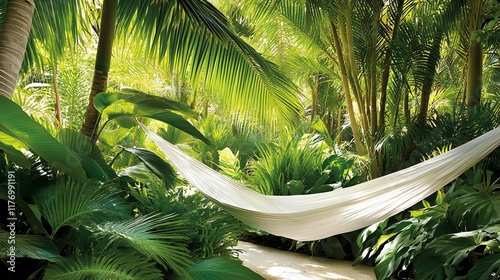 Lush tropicalinspired garden with tall palm trees, ferns, and an inviting shaded hammock photo