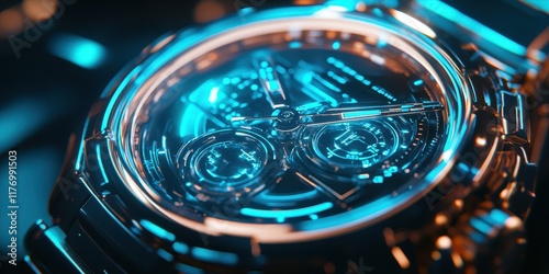 A futuristic wristwatch with a glowing holographic interface in a high-tech setting. photo