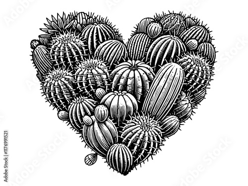 cacti arranged in a heart shape, featuring intricate textures, spines, and desert plant designs sketch engraving generative ai PNG illustration. Scratch board imitation. Black and white image.