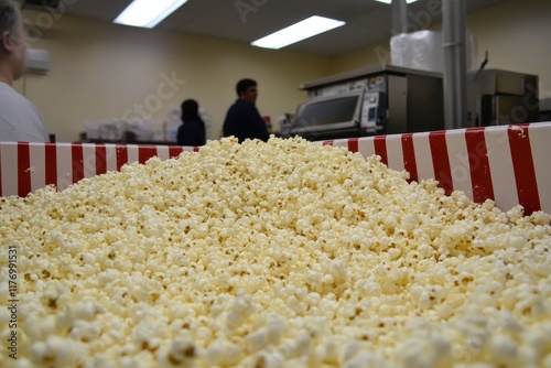 Overflowing Bowl of Buttery Popcorn with Red and White Stripes Under Bright Fluorescent Lighting in a Movie Theater Setting photo