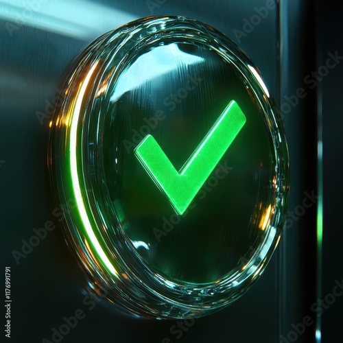 A glowing green checkmark in a sleek glass-like button, symbolizing confirmation and success. photo