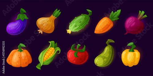 Game farm vegetables. Farming harvest food cartoon ui asset icon, garden agriculture local products tomato pumpkin corn farmer harvesting mobile gaming set tidy vector illustration