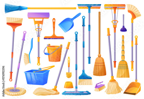 Cartoon broom and mop. Household cleaning tools, broomstick dustpan cleanup brush sweep floor housekeeping equipment plastic bucket scoop brooms duster, tidy vector illustration