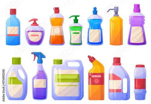 Cartoon detergent bottles. Cleaning supplies products, cleaner bleach bottle liquid soap household cleanser spray detergents containers chemical cleanup, tidy vector illustration