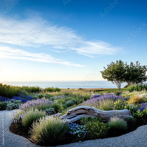 Seasideinspired garden with ornamental grasses, driftwood features, and bluetoned flowers photo