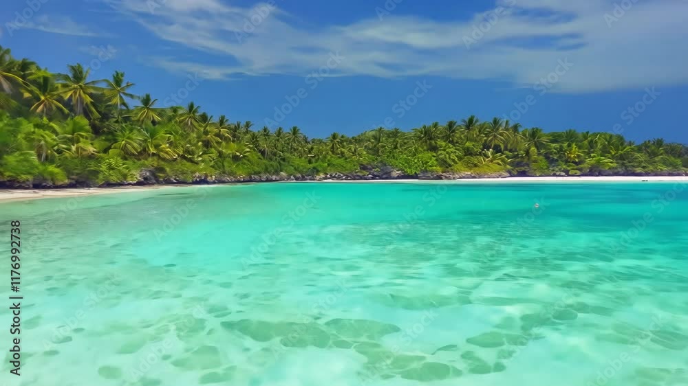 Tropical Paradise Pristine White Sand Beach, Clear Water, and Palm Trees by Ocean Tropical Paradise Pristine White Sand Beach, Clear Water, and Palm Trees by Ocean