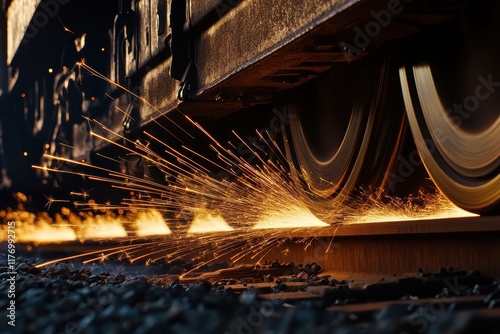 A train wheel generating sparks as it moves along the tracks in an industrial setting. photo