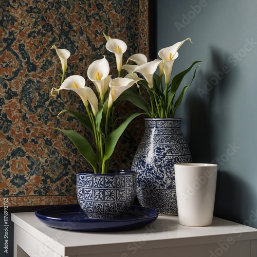 A small home office nook with floating shelves and a Calla Lily plant in a vibrant patterned ceramic pot.