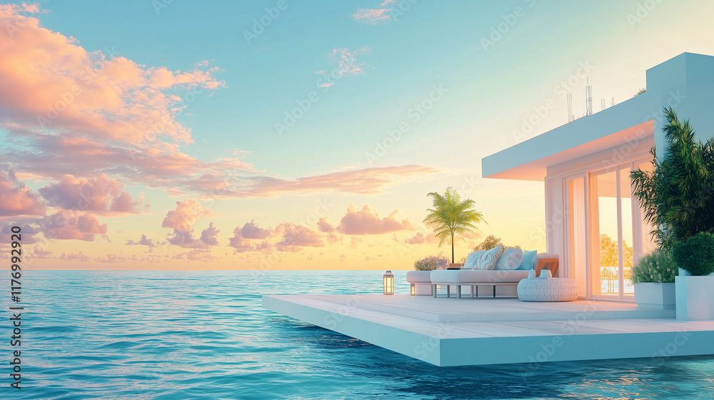 Fototapeta premium Luxury modern villa on water at sunset with serene ocean view and tropical ambiance