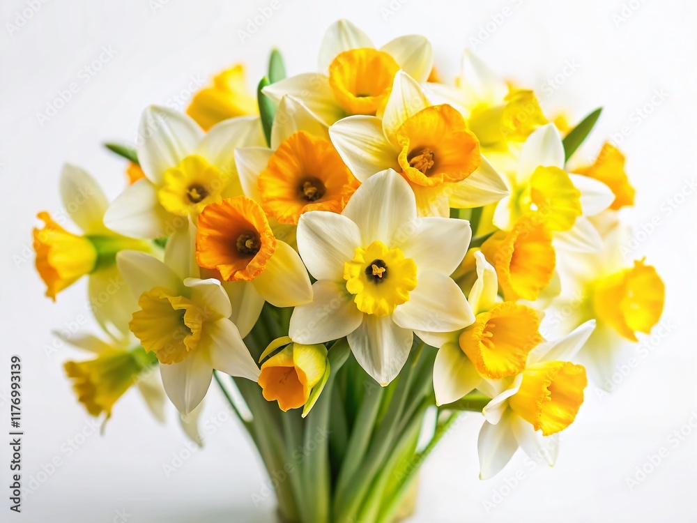 Obraz premium Spring Daffodil Bouquet Flat Lay: Vibrant Yellow & White Flowers, Tilt-Shift Photography