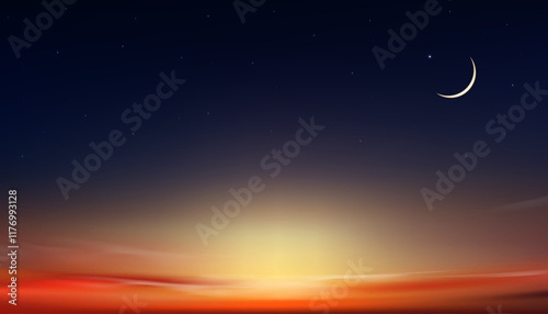 Night Sky with Star,Islamic card with Crescent moon on Sunset sky, Ramadan Night with twilight dusk sky for Islamic religion,Eid al-Adha,Eid Mubarak,Eid al fitr,Ramadan Kareem,Muharram