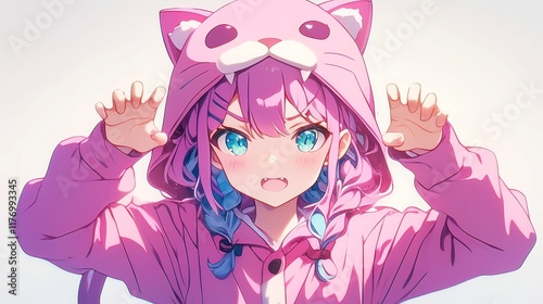 Cute pink onesie costume, anime girl striking a playful roar pose, embodying joy and whimsy, perfect for cosplay, playful gatherings, or spirited celebrations. photo