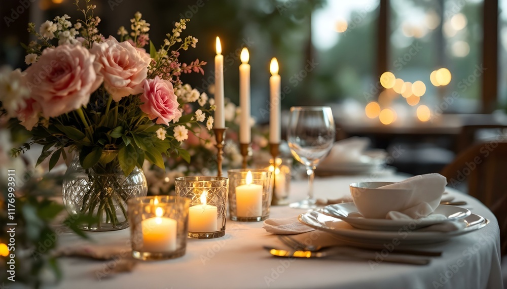 A romantic table set for a Valentine dinner, adorned with candles and fresh flowers, creating an intimate atmosphere A romantic table set for a Valentine dinner, adorned with candles and fresh flowers, creating an intimate atmosphere