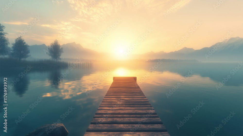 Obraz premium 朝日を映す湖と木製の桟橋