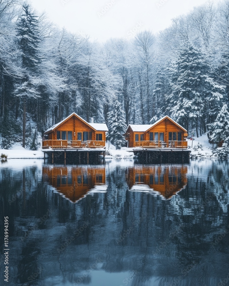 Fototapeta premium Serene Winter Getaway Snow-Covered Lakeside Cabins Reflecting on Tranquil Waters
