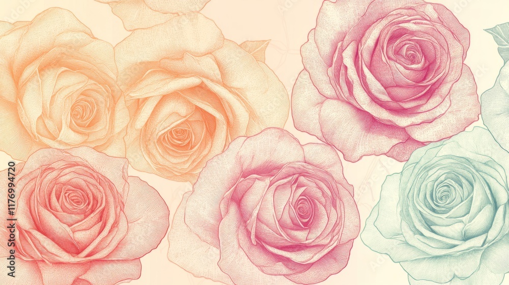 Fototapeta premium Delicate Pastel Roses Artistic Detailed Drawing