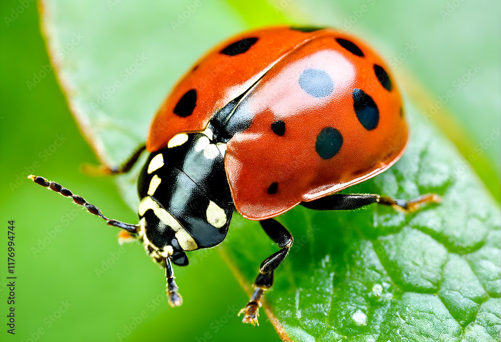 Obraz premium Ladybird on green leaf