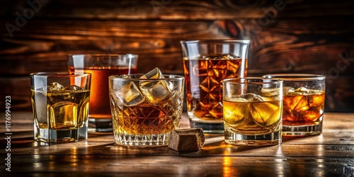 Strong Alcoholic Drinks: Whiskey, Rum, Tequila, Vodka in Glasses - Brown Background
