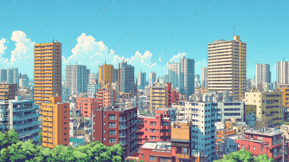 Fototapeta premium 高層ビルがたくさん立ち並ぶ街（イラスト）