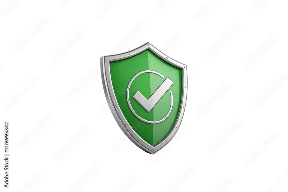 A bright green shield with a silver metallic rim and a centered white checkmark encased in a circle, symbolizing security and approval, isolated on a transparent background A bright green shield with a silver metallic rim and a centered white checkmark encased in a circle, symbolizing security and approval, isolated on a transparent background