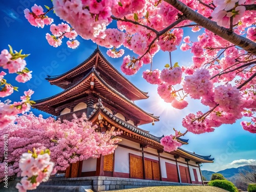 Stunning Cherry Blossom Tree in Full Bloom Against a Vivid Blue Sky - Architectural Photography