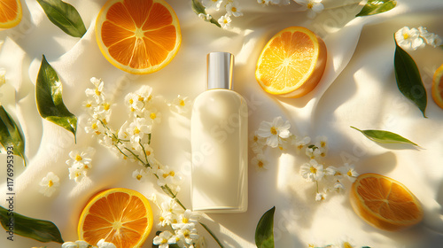 Banner for a skincare brand, featuring a bottle of lotion surrounded by natural ingredients