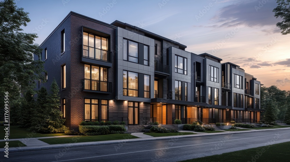 Modern townhouses with a minimalist design and soft warm evening light in a suburban setting. Modern townhouses with a minimalist design and soft warm evening light in a suburban setting.