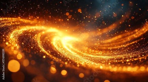 Golden particles shimmer against a dark background creating an ethereal wave effect during the evening