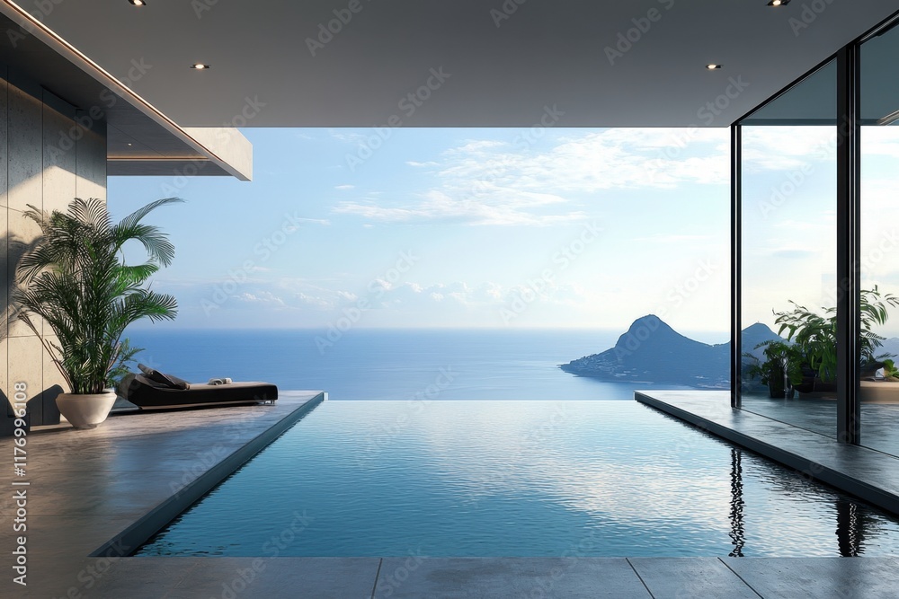 Fototapeta premium Ocean view infinity pool overlooking mountains and sky in a modern architectural setting