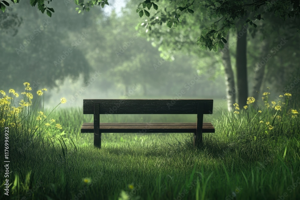 Peaceful wooden bench surrounded by lush greenery in a serene park setting Peaceful wooden bench surrounded by lush greenery in a serene park setting