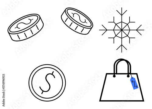 Coins, snowflake, shopping bag with tag combining themes of savings, finance, winter, holiday shopping, promotions, budgeting. Ideal for advertising retail commerce festive sales economics