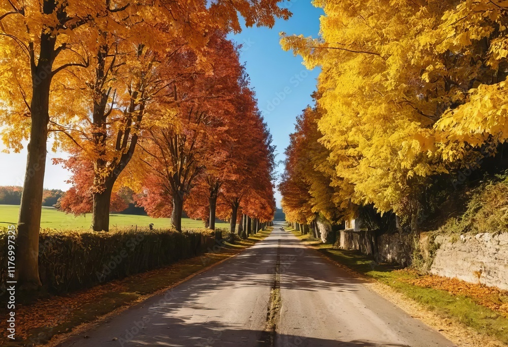 Naklejka premium A rural road lined with trees in full autumn colors of red, orange, and yellow