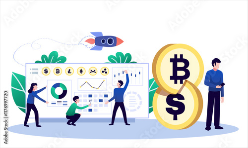 Digital investment concept with people analyzing cryptocurrency price movements on large computer screen with bitcoin icon. Vector illustration for finance, trading, monitoring system, and investment