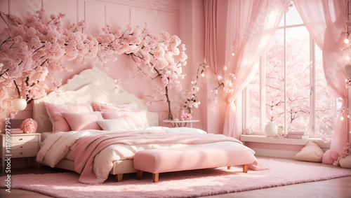A pink, floral-themed bedroom is featured on a website for submitting AI-generated content. The scene includes a bed, window, and decorative elements.