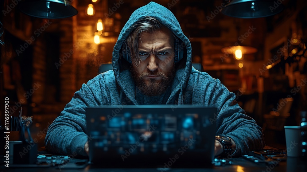 Intensely Focused Hacker Photo: Working Late in a Dimly Lit Studio. AI Generated