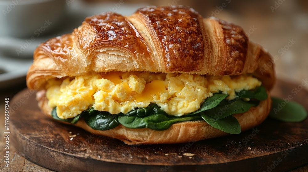 Mouthwatering croissant sandwich with scrambled eggs and spinach served on a wooden board Mouthwatering croissant sandwich with scrambled eggs and spinach served on a wooden board