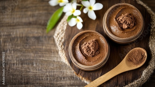 Wallpaper Mural Natural Cocoa Body Butter in Rustic Wooden Containers with Flowers - Organic Skincare Concept Torontodigital.ca