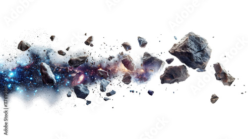Meteor asteroids stones floating outer space on background, group of rock flying in the galaxy isolated on a transparent background