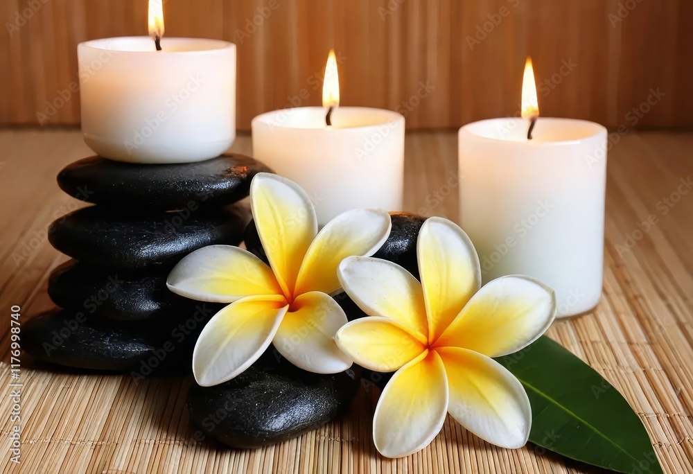 A spa setting with a frangipani flower and two lit candles A spa setting with a frangipani flower and two lit candles
