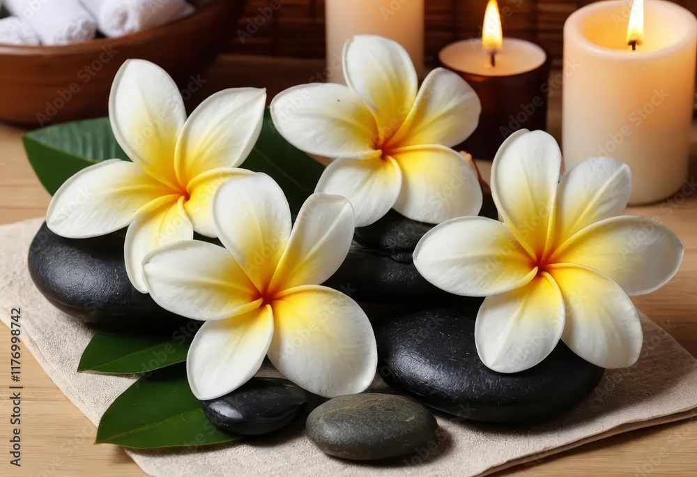 A spa setting with a frangipani flower and two lit candles A spa setting with a frangipani flower and two lit candles