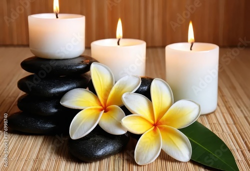 A spa setting with a frangipani flower and two lit candles